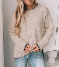 Load image into Gallery viewer, Black Stitch-Trim Beige Sweater