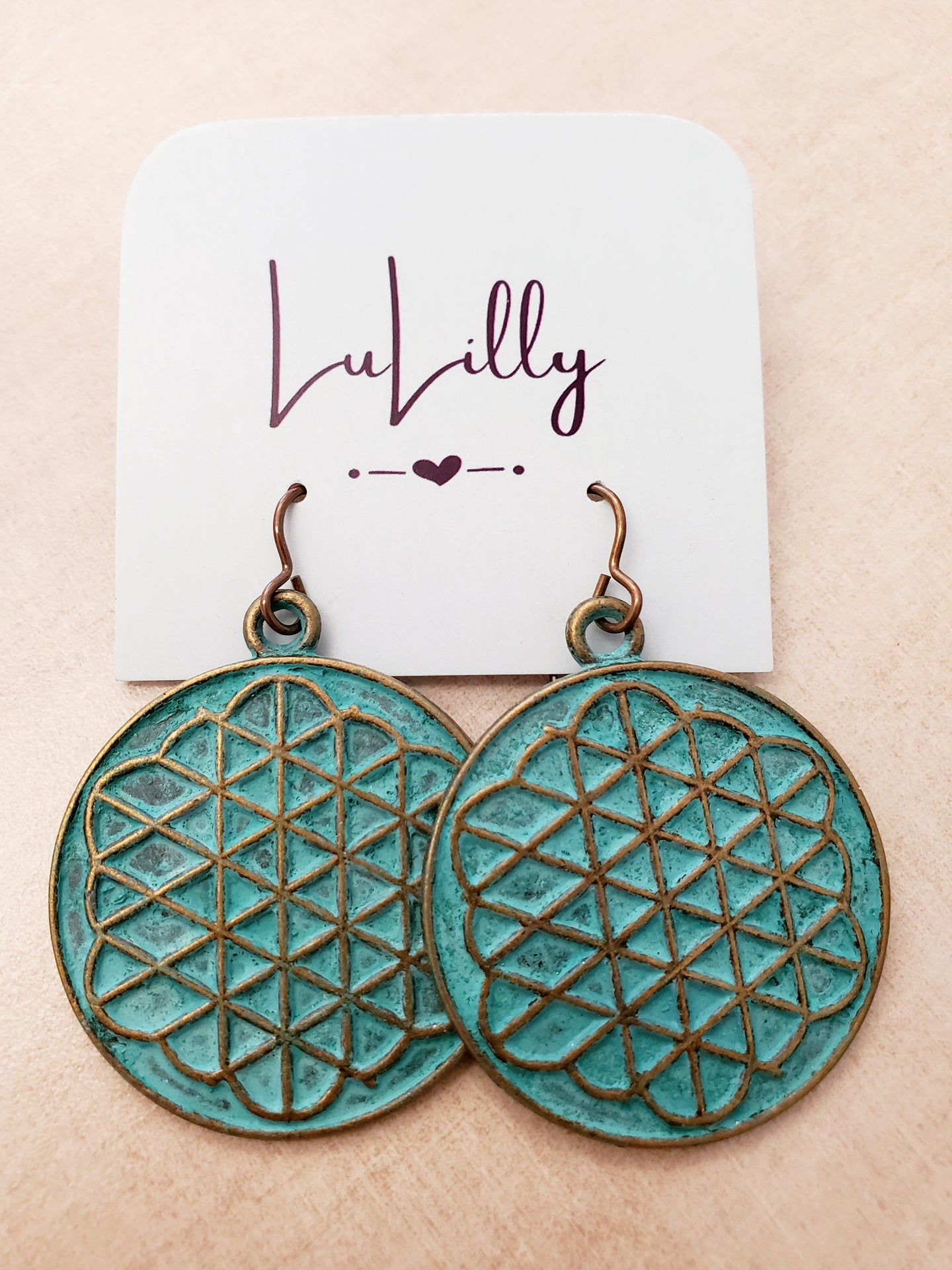 Round Teal and Gold Pattern Earrings