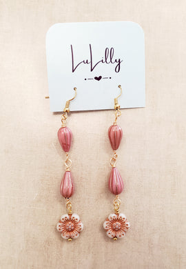 Pink Beaded Drop Floral Earrings