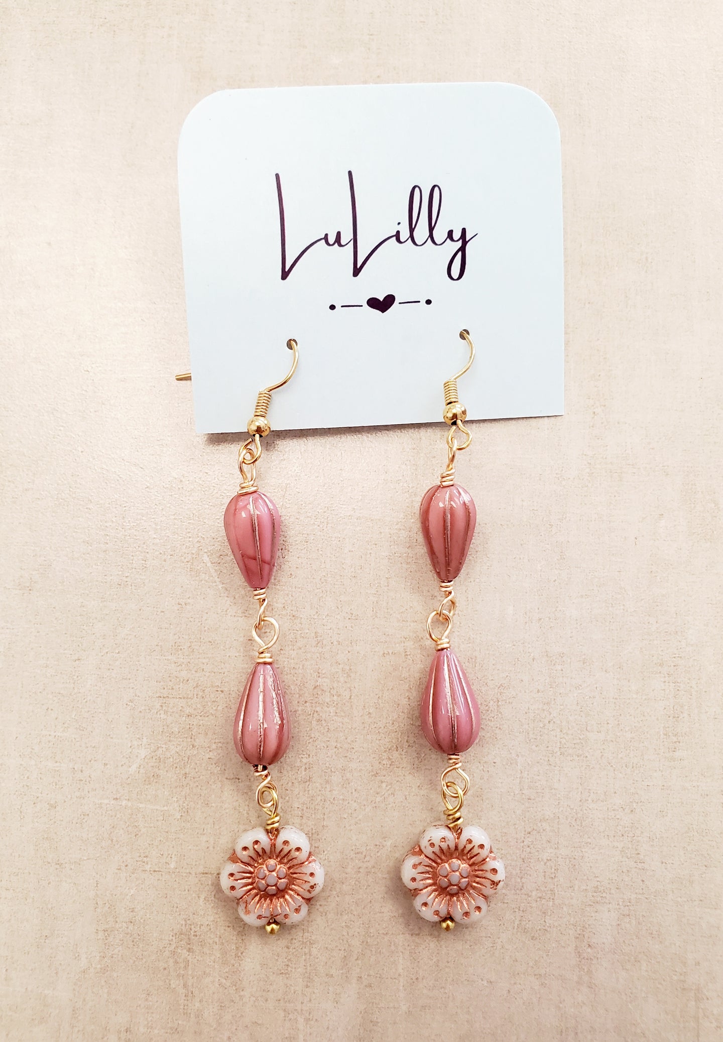 Pink Beaded Drop Floral Earrings