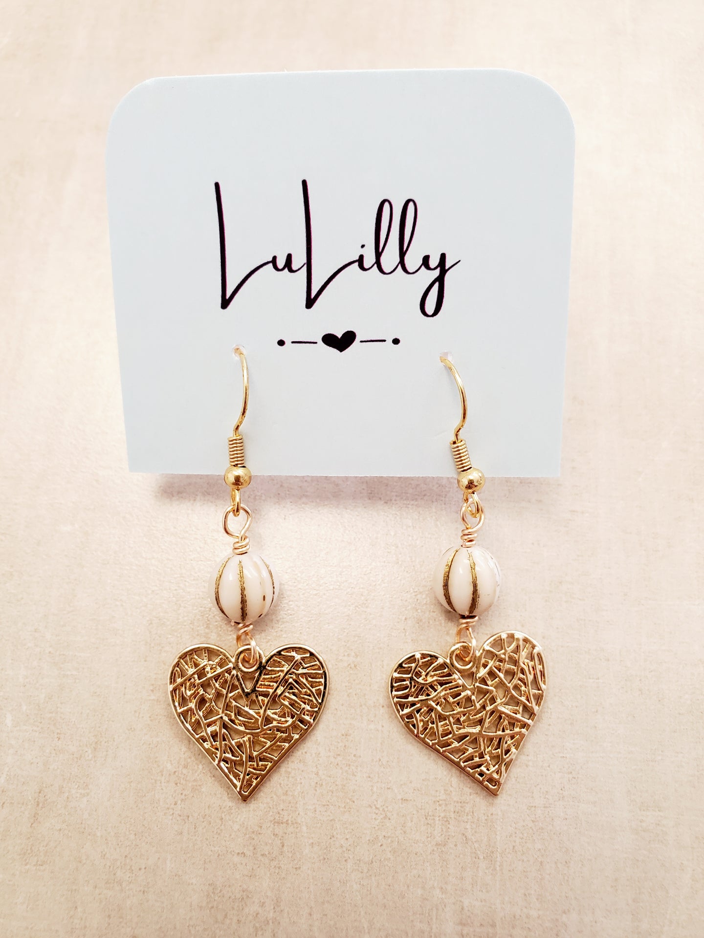 Ivory and Gold Heart Earrings