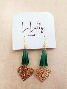 Green with Gold Heart Earrings