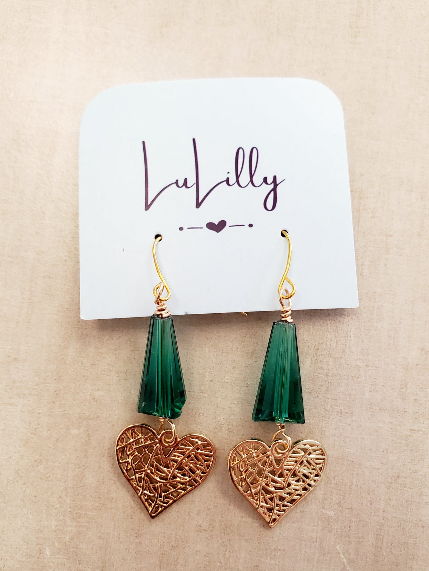 Green with Gold Heart Earrings