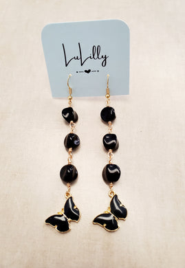 Black Beaded Drop Butterfly Earrings