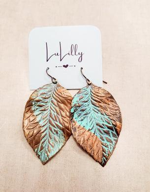 Copper Green Leaf Earrings