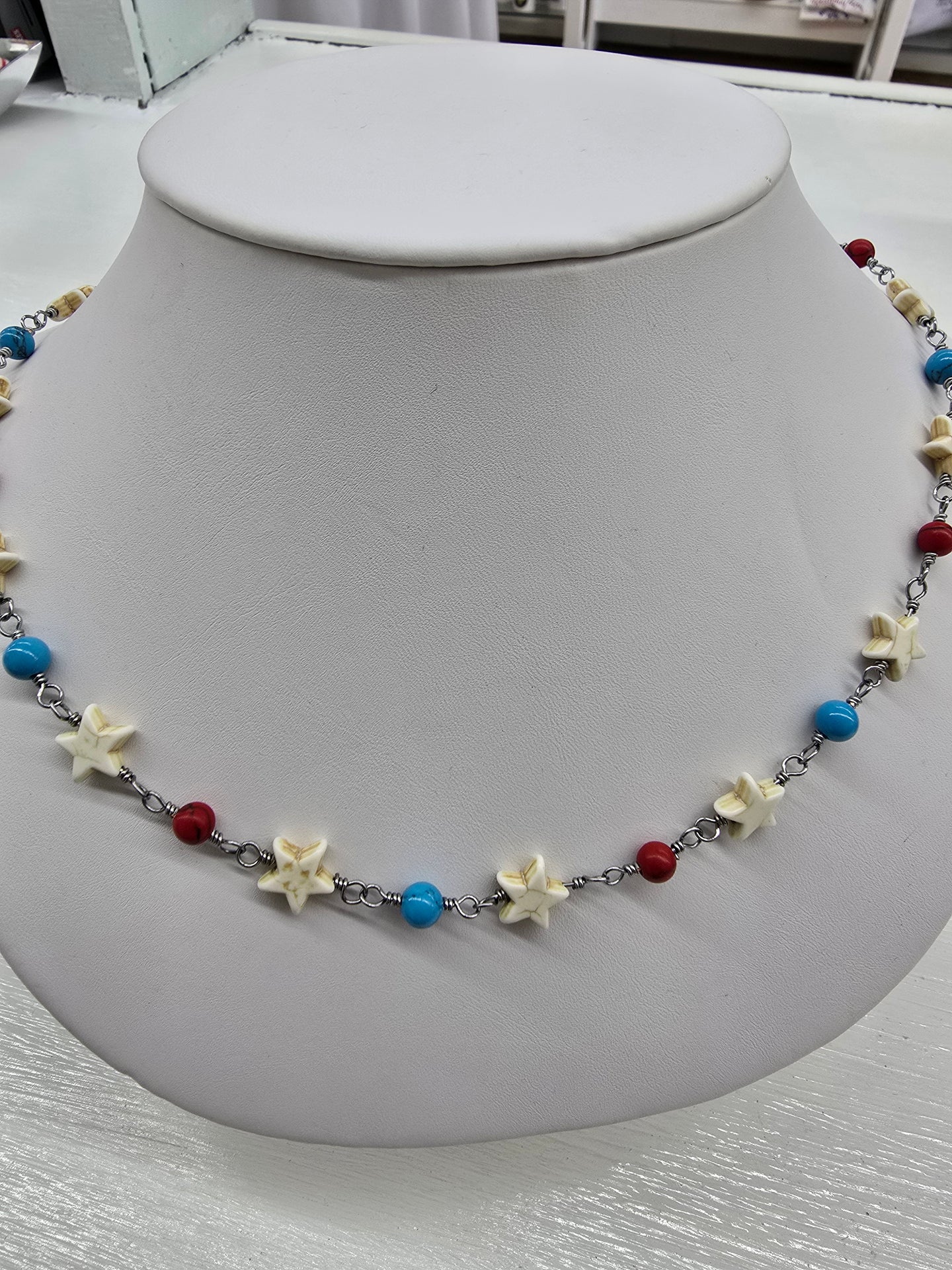 Red Blue and White Stars Beaded Necklace