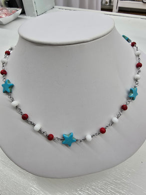 Red White and Blue Stars Beaded Necklace