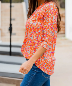 3/4 Sleeve Orange Floral Print Top