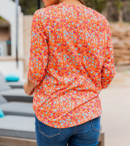 3/4 Sleeve Orange Floral Print Top