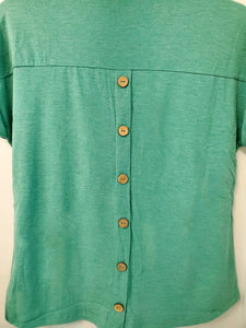 Solid V-Neck Short Sleeve Top w/ Back Button Detail