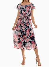 Load image into Gallery viewer, Navy Pink Floral Midi Dress