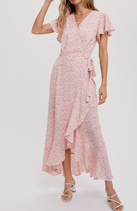 Pink Floral Print Ruffle Wrap Dress