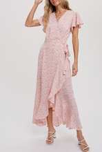 Load image into Gallery viewer, Pink Floral Print Ruffle Wrap Dress