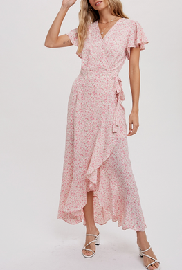 Pink Floral Print Ruffle Wrap Dress