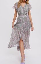 Load image into Gallery viewer, Sage Floral Print Ruffle Wrap Dress