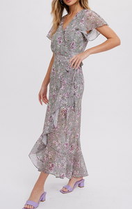 Sage Floral Print Ruffle Wrap Dress