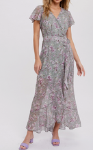 Load image into Gallery viewer, Sage Floral Print Ruffle Wrap Dress