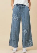 Load image into Gallery viewer, Floral Appliqué Drawstring Wide Leg Denim Pants