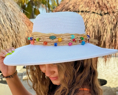 Beaded Trim Wide Brim Hat - Choose Color