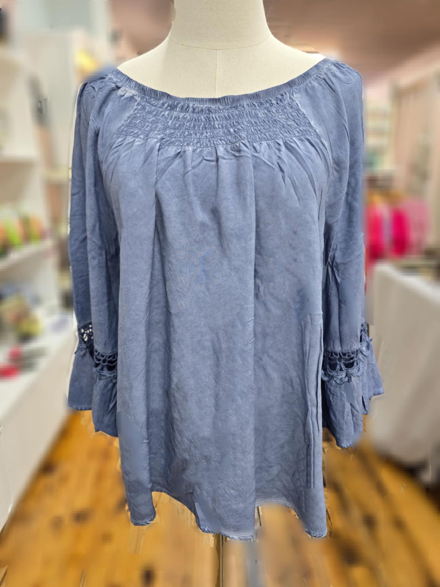 Acid Washed Blouse Crochet Accent Sleeve