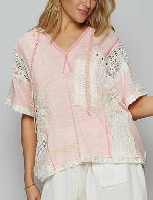 V-Neck Short Sleeve Crochet Lace Top
