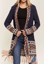Load image into Gallery viewer, Navy Boho Open Cardigan w/Fringe