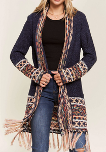 Navy Boho Open Cardigan w/Fringe
