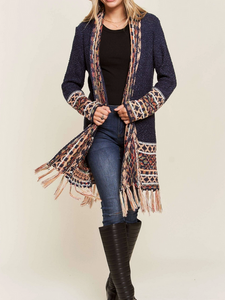Navy Boho Open Cardigan w/Fringe
