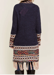 Navy Boho Open Cardigan w/Fringe