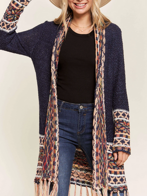 Navy Boho Open Cardigan w/Fringe