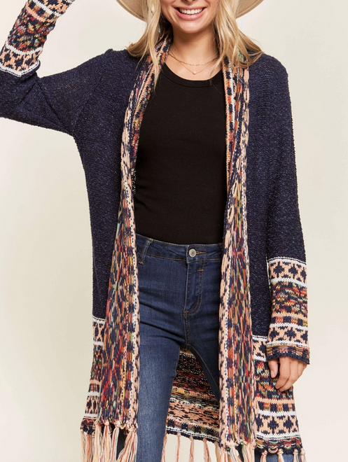 Navy Boho Open Cardigan w/Fringe