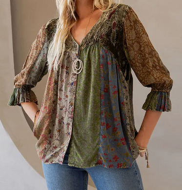 Vintage Boho Chic V-Neck Embroidered Top