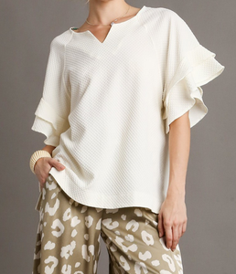 Split Neck Top with Ruffle Short Sleeves