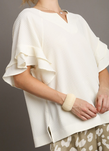 Split Neck Top with Ruffle Short Sleeves