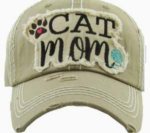 "Cat Mom" Distressed Hat - Choose Color