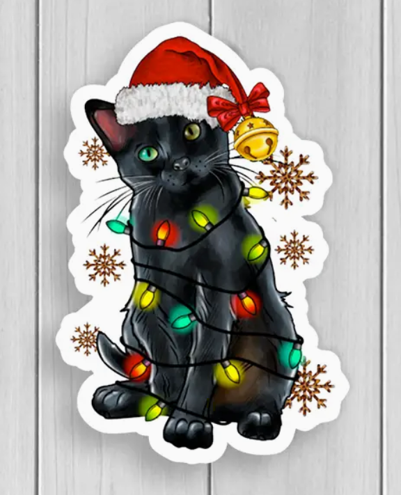 Black Cat w/ Christmas Lights Vinyl Sticker