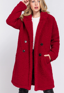 Double Breasted Sherpa Coat - Dark Red