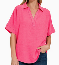 Load image into Gallery viewer, Collared V-Neck Short Sleeve Top - Choose Color