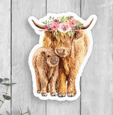 Highland Cow and Calf Vinyl Sticker