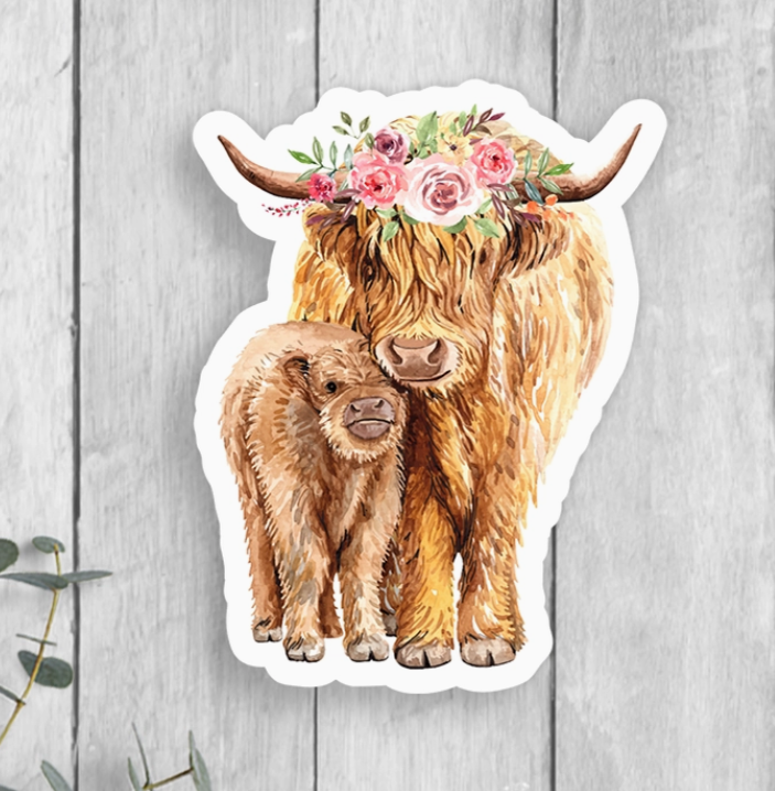Highland Cow and Calf Vinyl Sticker