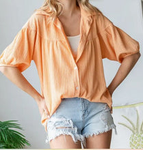 Load image into Gallery viewer, Apricot Crinkle Button Down Short Sleeve Blouse