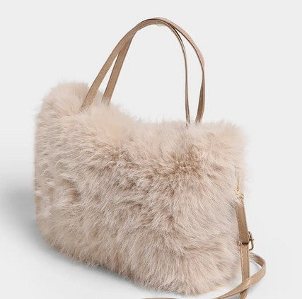 Faux Fur Crossbody Handbag - Beige