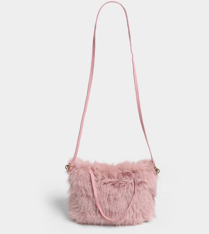 Faux Fur Crossbody Handbag - Pink