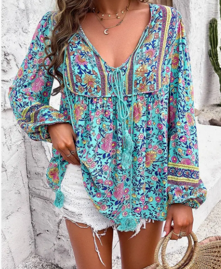 All Over Floral Print Boho Blouse