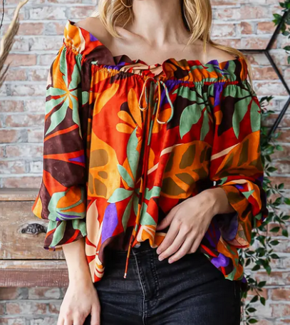 Multi Color Floral Long Sleeve Top - On or Off Shoulder!