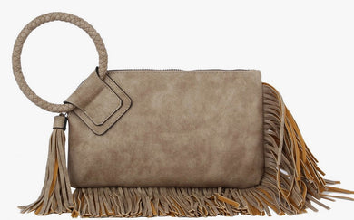 Fringed Mocha Wristlet/Clutch w/Tassel Bag