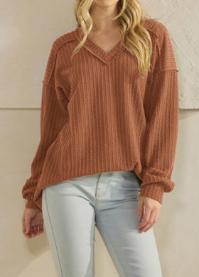 Camel Long Sleeve V-Neck Ribbed Top