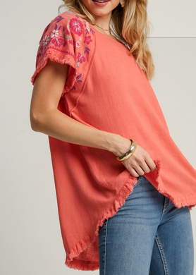 Embroidered Coral Linen Top by Umgee