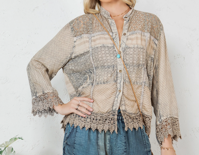 Lace Patch Shacket with White Shell Buttons