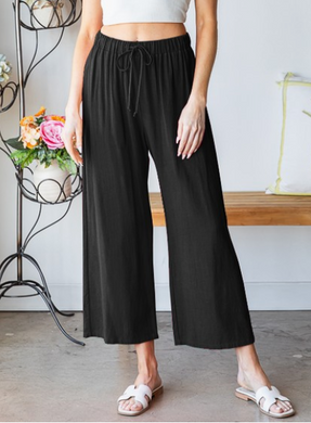 Black Linen Look Casual Capri Pants